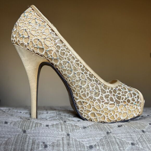 Lady Couture Ivy Peep Toe Gold Lace Mesh Stiletto Heels NIB Women’s EU 40 US 9 - Picture 3 of 16